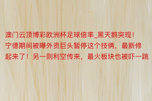 澳门云顶博彩欧洲杯足球倍率_黑天鹅突现！宁德期间被曝外资巨头暂停这个技俩，最新修起来了！另一则利空传来，最火板块也被吓一跳